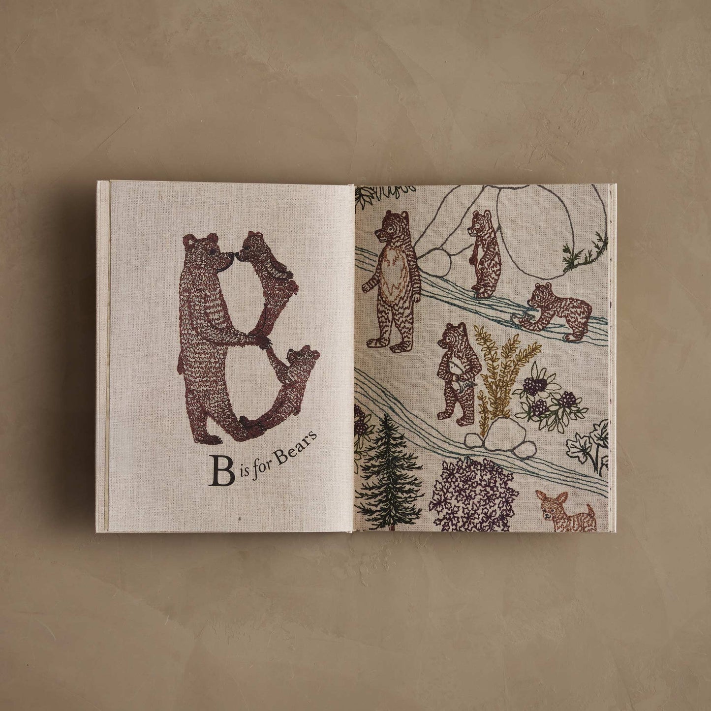 Open book with bear illustrations on a brown background