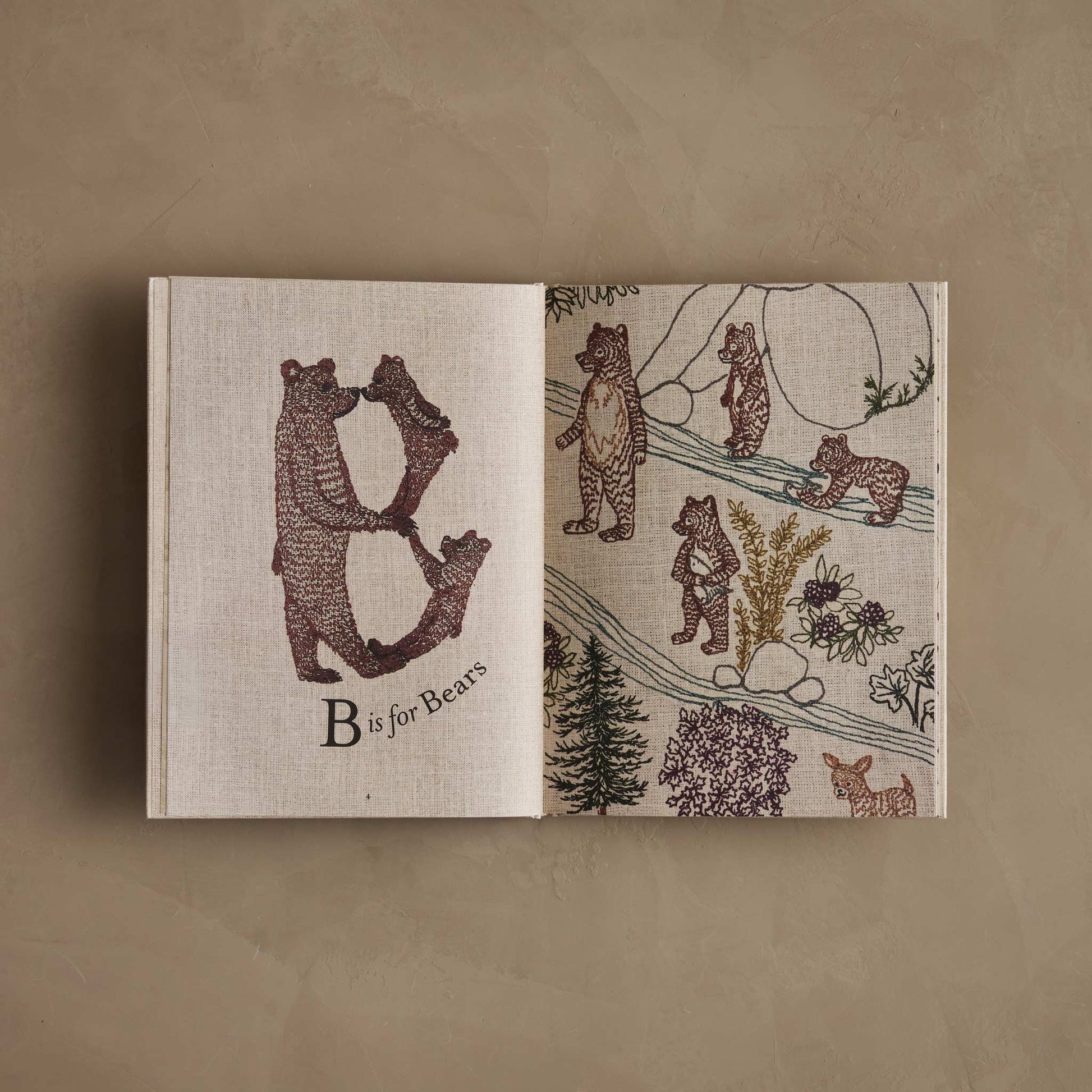Open book with bear illustrations on a brown background